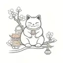 a japanse lucky cat with a shrine and cherry blossoms tattoo design idea