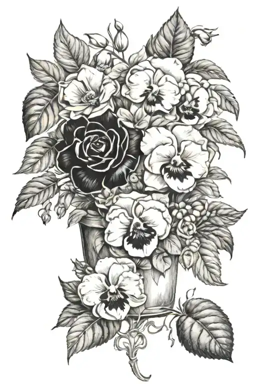 Magnolias, pansies, Woods roses,  Nootka roses, Himalayan blackberry flowers, and box bush leaves different sections  tattoo design idea
