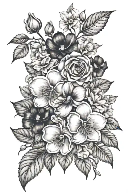 Magnolias, pansies, Woods roses,  Nootka roses, Himalayan blackberry flowers, and box bush leaves tattoo design idea