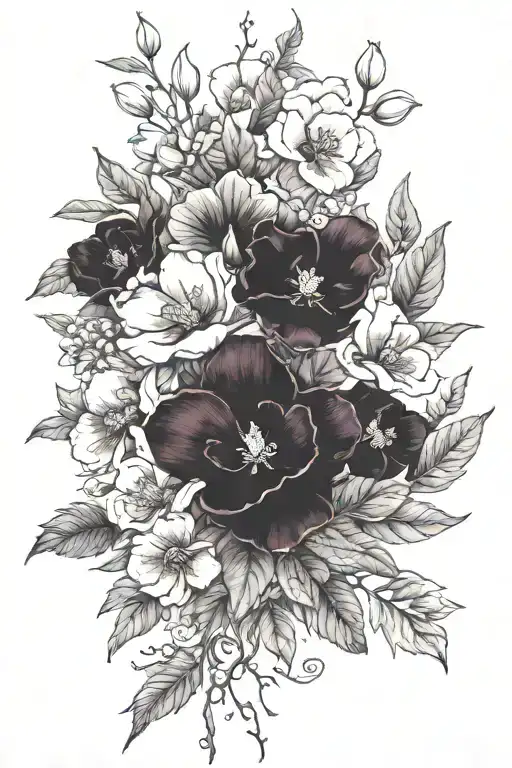 Magnolias, pansies, Woods roses,  Nootka roses, Himalayan blackberry flowers, and box bush leaves consecutively tattoo design idea