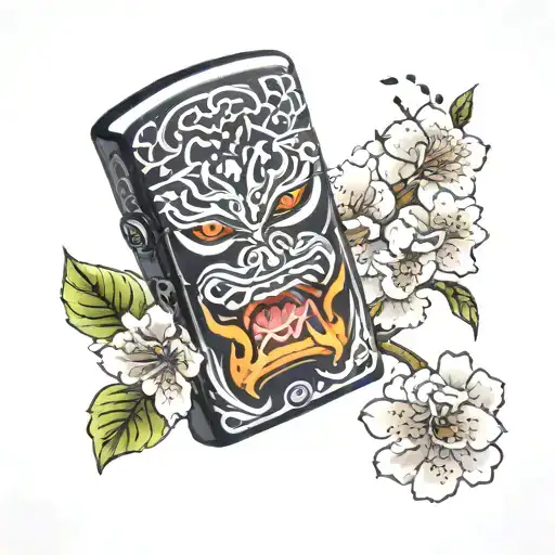 zippo style lighter with japanese kistune mask on it with cherry blossom leaves coming out of the lighter like flames tattoo design idea