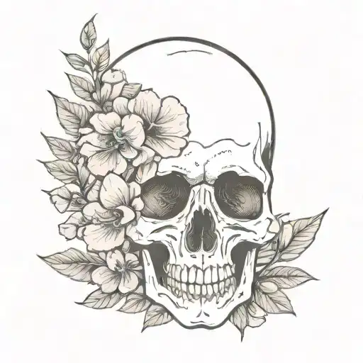 A minimalist tattoo design featuring a skull wearing a denim jacket, with Bougainville flowers in the background tattoo design idea