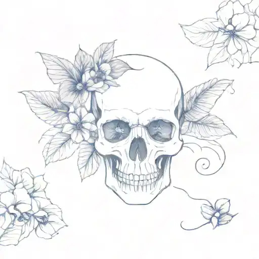 A minimalist tattoo of a skull with denim wings, surrounded by Bougainville flowers, representing the cycle of life and death tattoo design idea