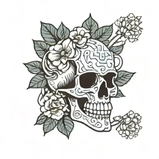 A minimalist tattoo design featuring a skull wearing a denim jacket, with Bougainville flowers in the background tattoo design idea