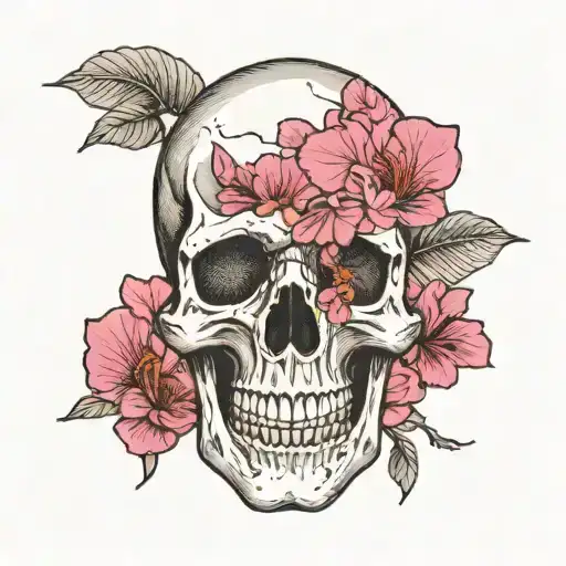 A minimalist tattoo design featuring a skull wearing a denim jacket, with Bougainville flowers in the background tattoo design idea