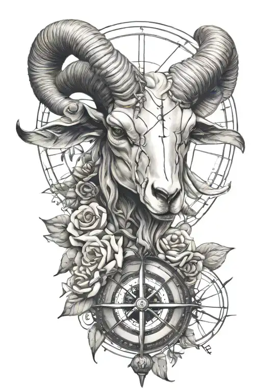 Ram Skull and compass rose tattoo design idea
