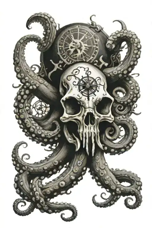 A detailed octopus wrapping its tentacles around a Ram Skull Over a compass rose tattoo design idea