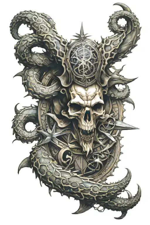 A detailed kraken wrapping its tentacles around a Ram Skull Over a compass rose tattoo design idea