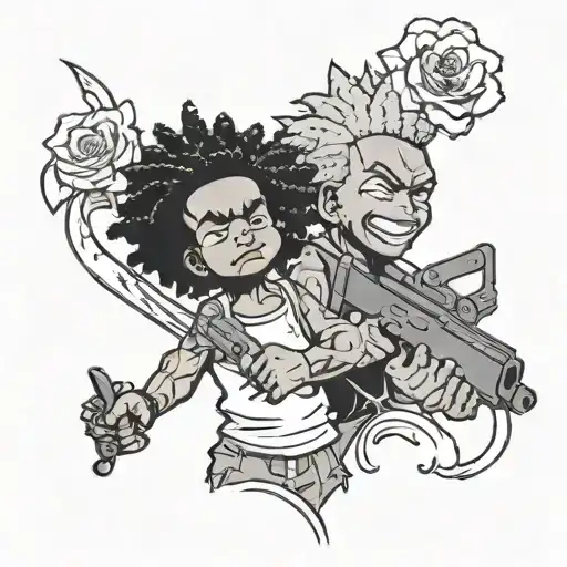 the boondocks character with guns and flowers and slimthug written and Chucky with a machete  tattoo design idea