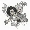 the boondocks character with guns and flowers and slimthug written and Chucky with a machete  tattoo design idea