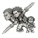 the boondocks character with guns and flowers and slimthug written and Chucky with a machete  tattoo design idea