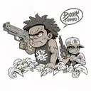 the boondocks character with guns and flowers and slimthug written and Chucky with a machete  tattoo design idea
