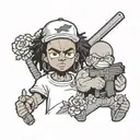 the boondocks character with guns and flowers and slimthug written and Chucky with a machete  tattoo design idea