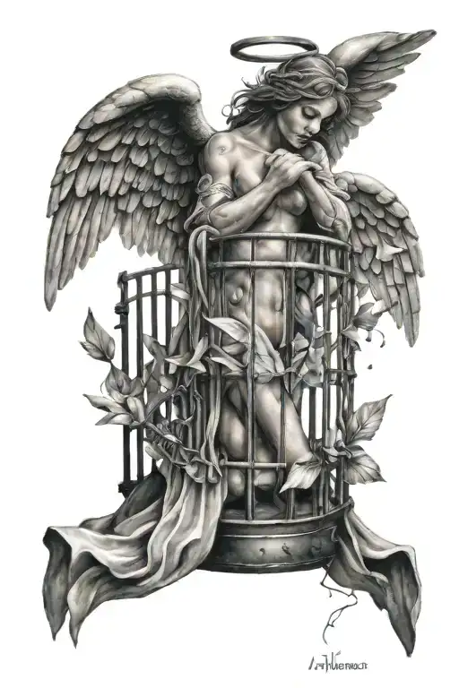 Angel holding triple 7's with sparkles locked cage shattered tattoo design idea