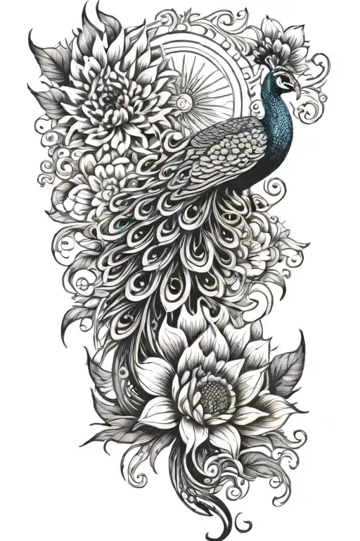 peacock feathers blooming sunflower   tattoo design idea