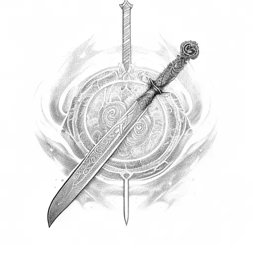 A mystical sword emerging from a book, surrounded by swirling darkness tattoo design idea