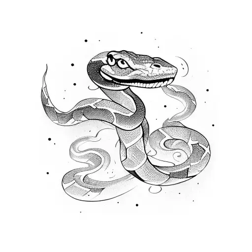 A bookshelf filled with fantasy novels, with a snake slithering through the shelves and stars peeking through the gaps tattoo design idea