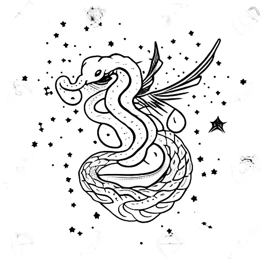 A bookshelf filled with fantasy novels, with a snake slithering through the shelves and stars peeking through the gaps tattoo design idea