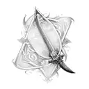 A mystical sword emerging from a book, surrounded by swirling darkness tattoo design idea