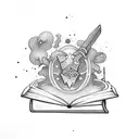 A mystical sword emerging from a book, surrounded by swirling darkness tattoo design idea