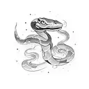 A bookshelf filled with fantasy novels, with a snake slithering through the shelves and stars peeking through the gaps tattoo design idea