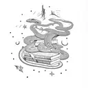 A bookshelf filled with fantasy novels, with a snake slithering through the shelves and stars peeking through the gaps tattoo design idea