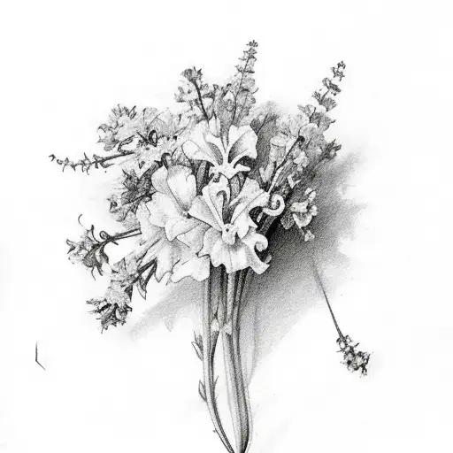 flower botique with larkspur, carnation, and violet tattoo design idea