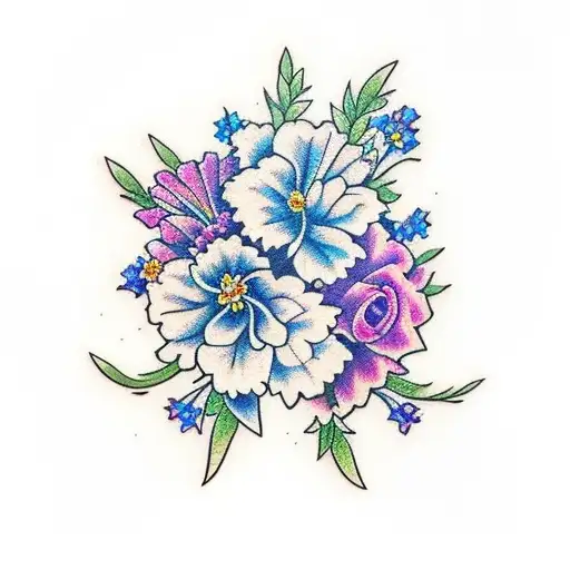 flower bouquet with larkspur, carnation, and violet tattoo design idea