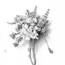 flower botique with larkspur, carnation, and violet tattoo design idea