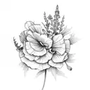 flower botique with larkspur, carnation, and violet tattoo design idea