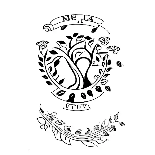 A minimalist tattoo of a family tree with initials of each family member as leaves tattoo design idea