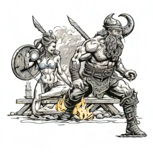 A tattoo design of ragnar the Viking cooking over a fire on a beach, with a sexy girl dancing next to him tattoo design idea