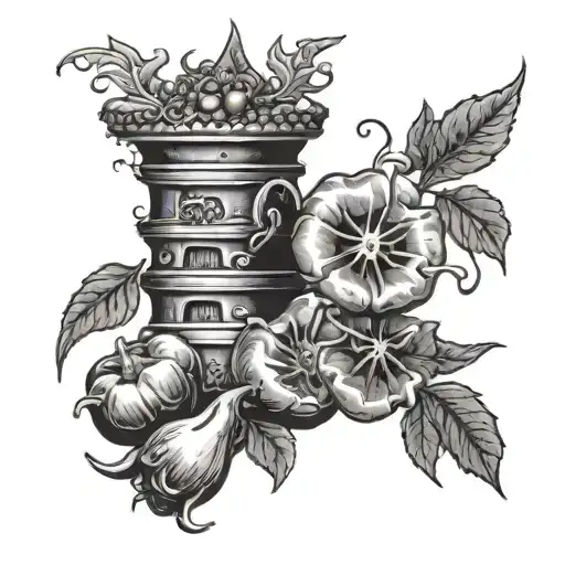 A tattoo design of a bumbler (from The Dark Tower series) surrounded by spicy peppers and Asian food elements tattoo design idea