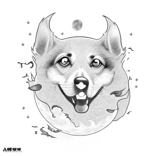 A Korean-inspired art piece featuring a dog howling at the moon tattoo design idea