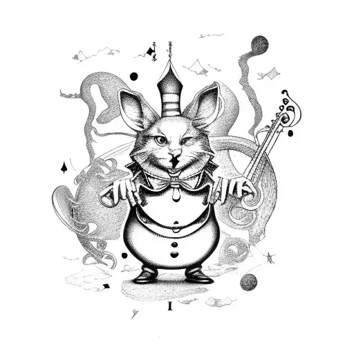 Alice in Wonderland characters playing musical instruments in a galaxy tattoo design idea