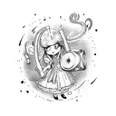 Alice in Wonderland characters playing musical instruments in a galaxy tattoo design idea