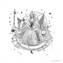 Alice in Wonderland characters playing musical instruments in a galaxy tattoo design idea