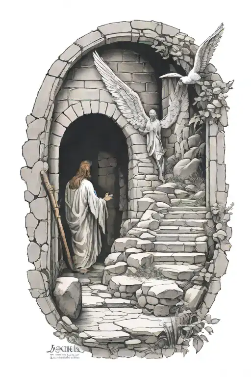 Bible verse Joshua 1:9 with depiction of the resurrection of Jesus Christ showing the empty tomb and the Angel on stone tattoo design idea