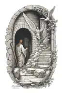 Bible verse Joshua 1:9 with depiction of the resurrection of Jesus Christ showing the empty tomb and the Angel on stone tattoo design idea