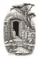 Bible verse Joshua 1:9 with depiction of the resurrection of Jesus Christ showing the empty tomb and the Angel on stone tattoo design idea