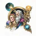 Odin and a Valerie in a galaxy background tattoo design idea