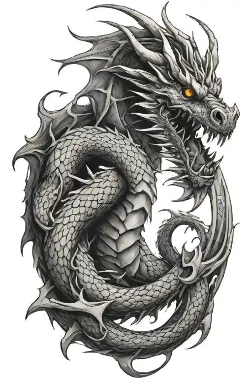 "A powerful and fierce dragon intricately wrapped around the upper arm, shoulder, and extending to the side of the neck. tattoo design idea