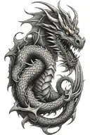 "A powerful and fierce dragon intricately wrapped around the upper arm, shoulder, and extending to the side of the neck. tattoo design idea