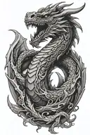 "A powerful and fierce dragon intricately wrapped around the upper arm, shoulder, and extending to the side of the neck. tattoo design idea