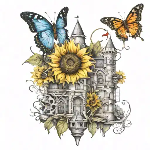castle, engineer, butterfly, sunflower, love tattoo design idea