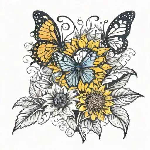 sunflower, butterfly, heart, plant tattoo design idea