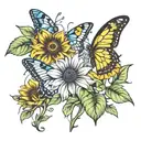sunflower, butterfly, heart, plant tattoo design idea