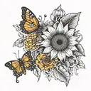 sunflower, butterfly, heart, plant tattoo design idea