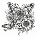 sunflower, butterfly, heart, plant tattoo design idea