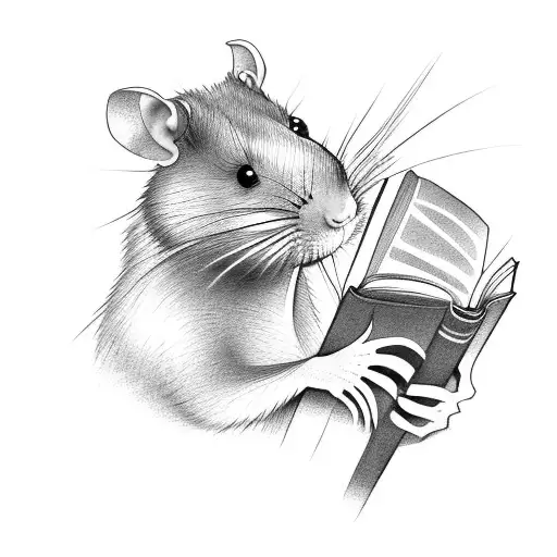 A rat wearing a Brazil football jersey reading a book titled 'The Art of War' tattoo design idea